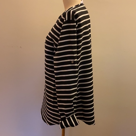 Calvin Klein Black and White Stripe Blouse Size L Pockets Zip Front Roll Sleeves - Picture 5 of 11
